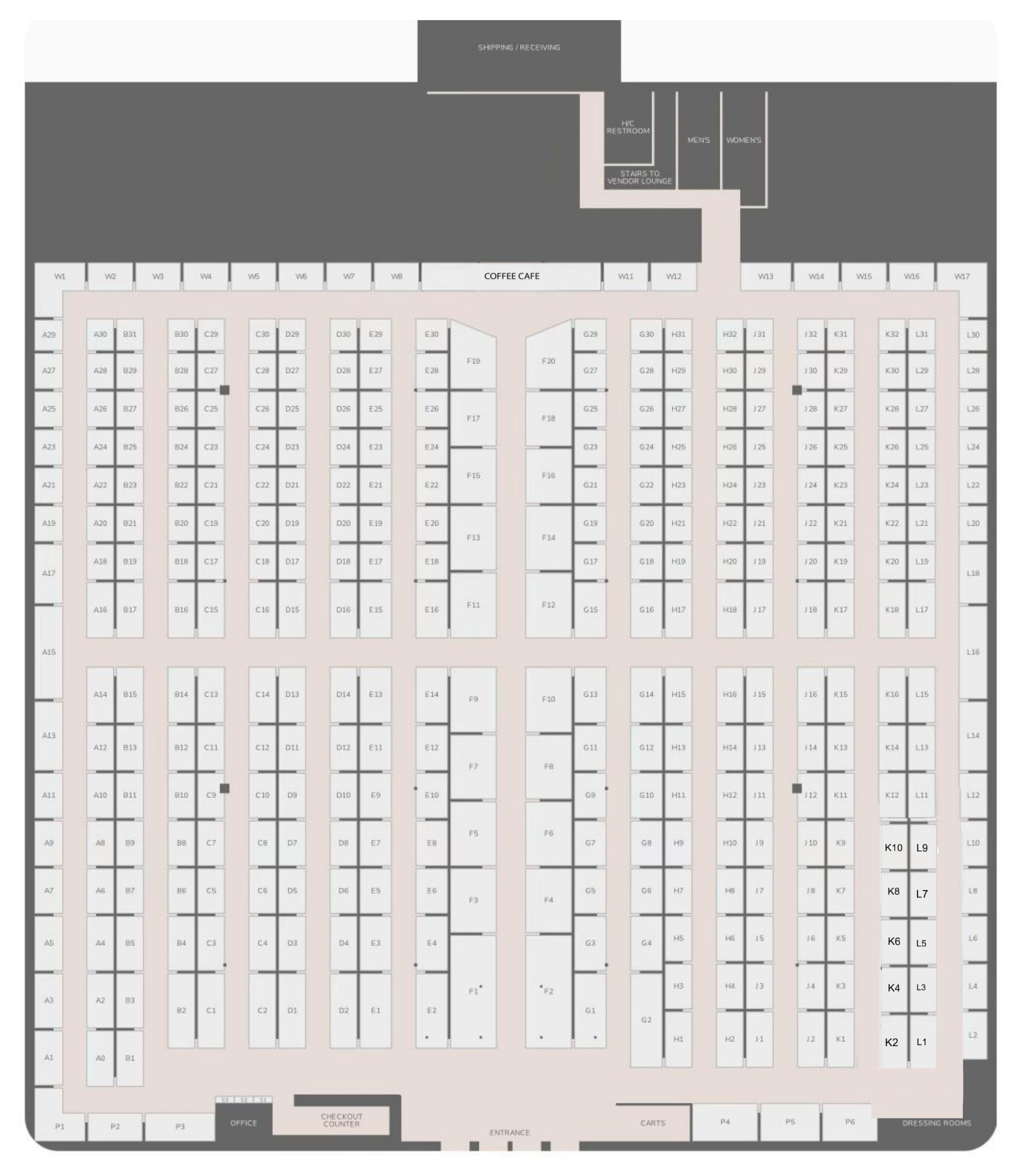 Mosaic Aisles floor plan showing 349 boutique booths across aisles A through L, with coffee bar, fountain, restrooms, vendor lounge stairs, shipping and receiving, dressing rooms, and parking areas